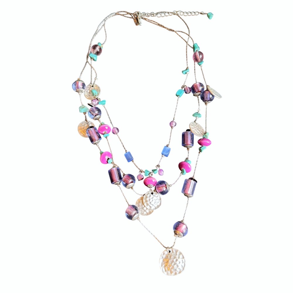 Boho Multi Strand Beaded Layered Necklace Silver Tone Coin Purple Blue